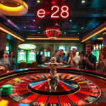 Experience the thrill of the e28 casino, where players engage at the roulette table, celebrating exhilarating wins with vibrant poker chips and lively slot machines in the background.