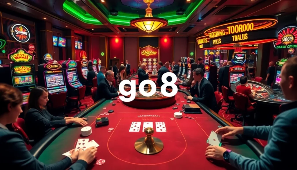 Experience the go8 thrill of high-stakes action at a casino table, filled with eager players and vibrant slot machines.