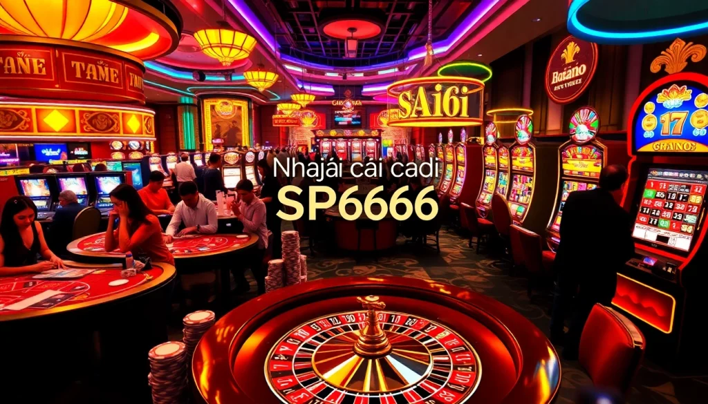 Exciting gaming experience at Nhà cái SP666 featuring poker chips, a roulette wheel, and players winning big.