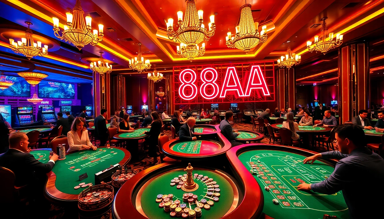 88AA casino setting showcasing players at roulette and blackjack tables.