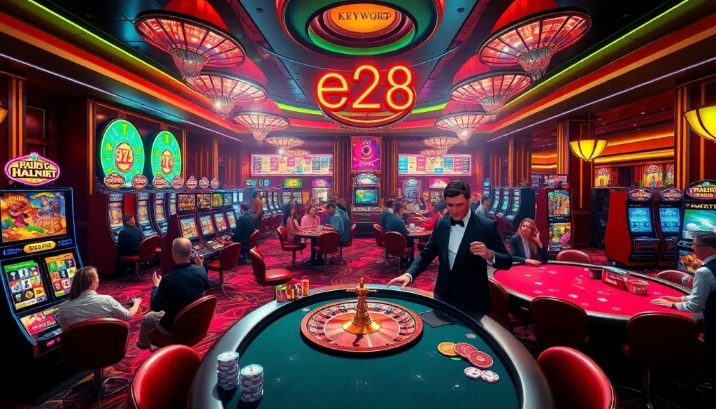 e28 neon signage illuminating an exciting casino scene with active players at roulette and poker tables.