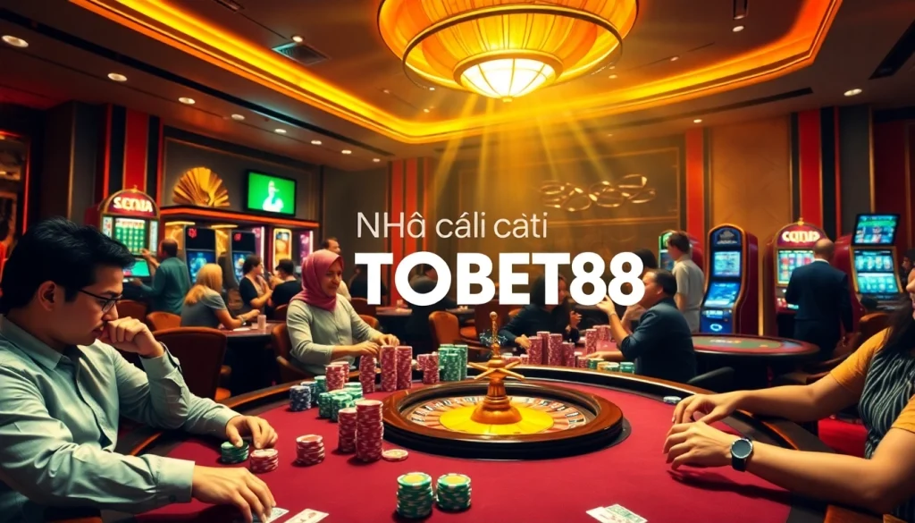 Players strategizing at a poker table in Nhà cái TOBET88's thrilling casino scene.