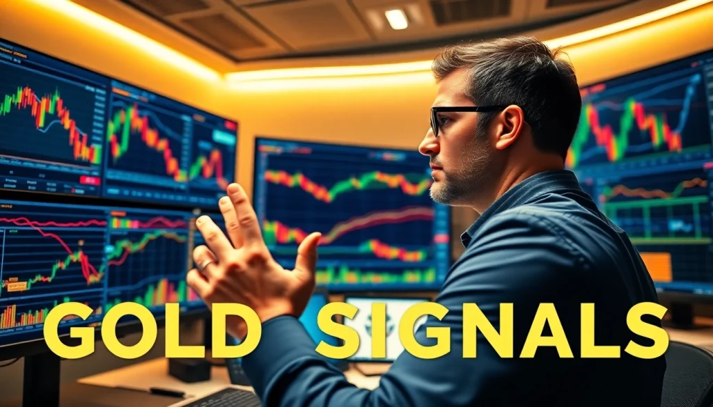 Trader analyzing live GOLD SIGNALS on multiple screens, showcasing dynamic market trends.