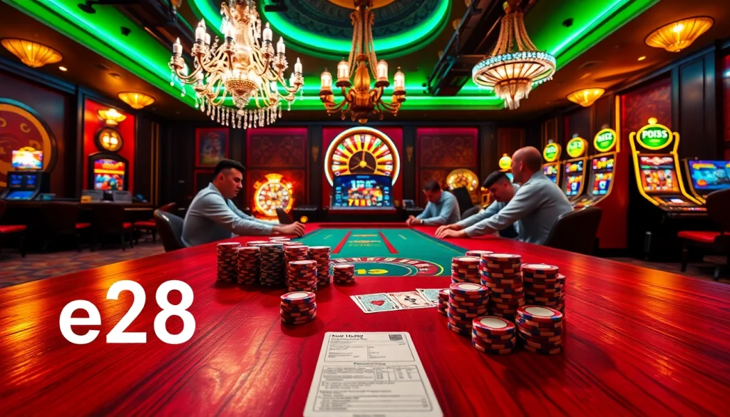 Engage with e28's thrilling casino atmosphere featuring intense poker battles and vibrant slot machines.