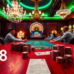 Engage with e28's thrilling casino atmosphere featuring intense poker battles and vibrant slot machines.