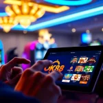 Engaging scene of a user navigating Nhà cái OK88's online gaming platform with vibrant casino ambience.