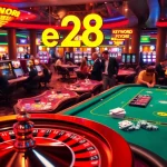 Experience the thrill of the e28 high-stakes casino, featuring vibrant poker tables and glowing slot machines.