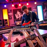 Demonstrating the VG99 guitar modeling system in a vibrant studio environment.