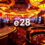Players betting e28 chips at a vibrant casino table filled with action.