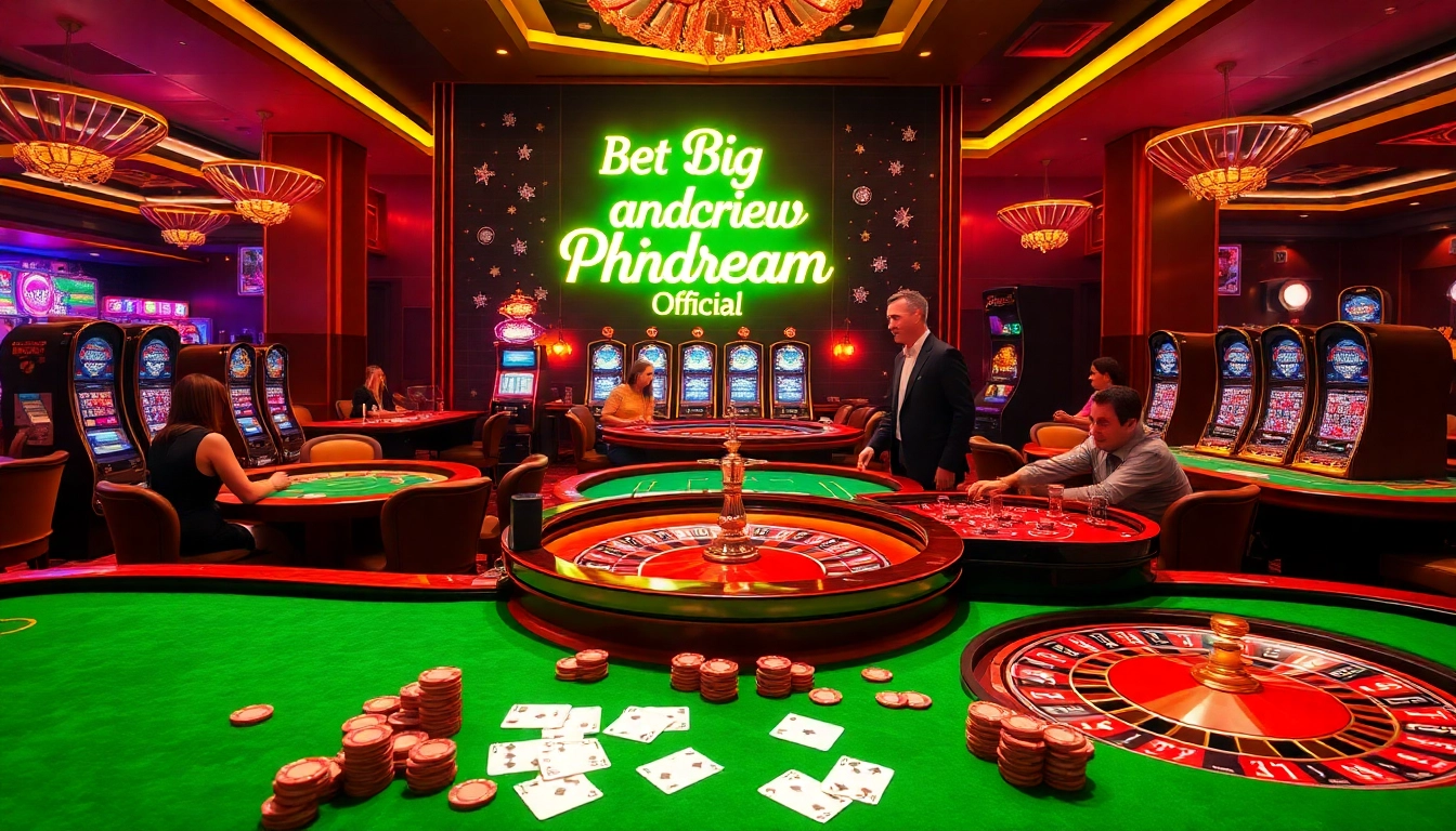 Phdream Official casino scene with players at poker and baccarat tables, vibrant ambience and casino chips.