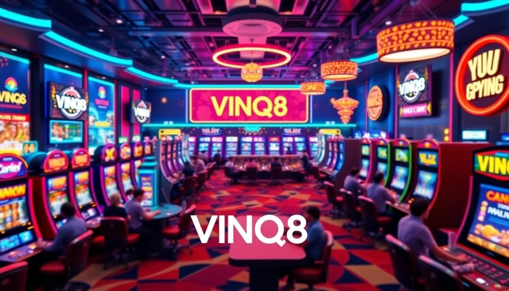 Experience the excitement of VNQ8 with vibrant gaming machines and a lively casino atmosphere.