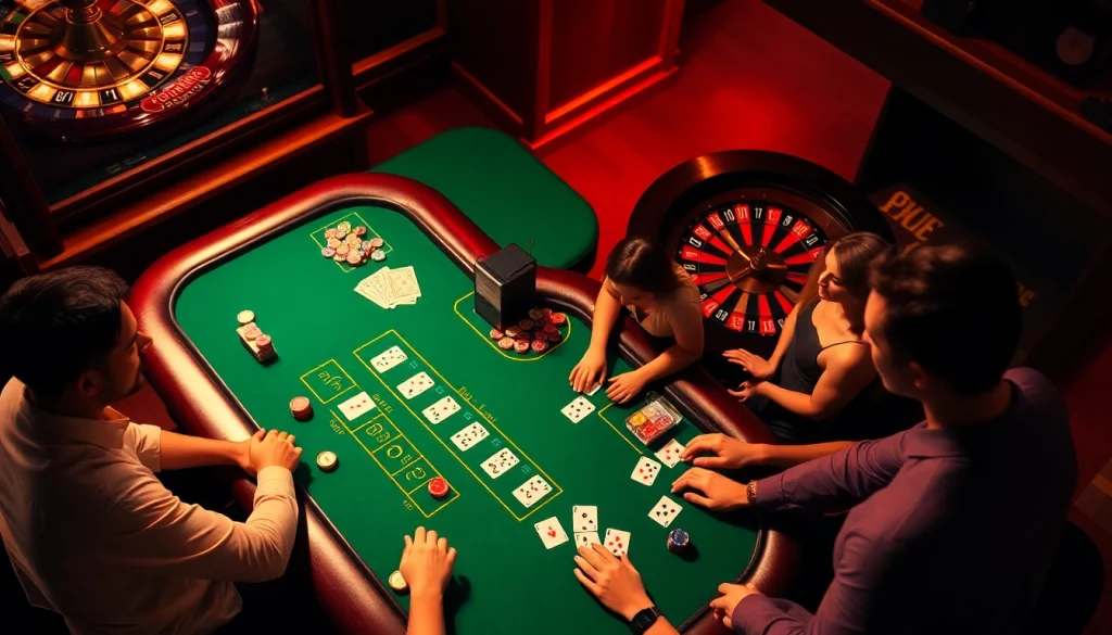 Capture the excitement at a blackjack table with chips and cards, representing https://bj88.fans/ in a casino atmosphere.