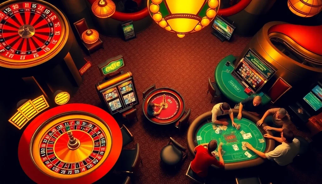 Experience the excitement at https://mm88.vin/ with players at a poker table and vibrant slot machines.