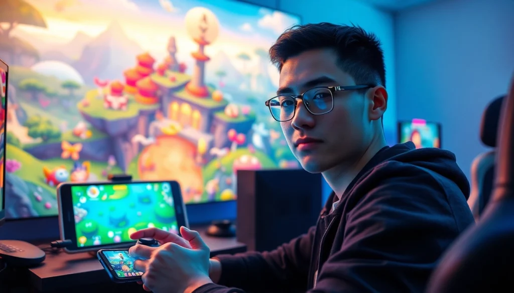 Engaging player immersed in Yono All Games on mobile devices, showcasing vibrant digital landscapes.